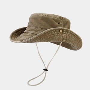 Outdoor wide brim washed cotton sun hat in dark khaki with adjustable chin strap