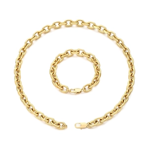 Golden OT buckle stainless steel chain necklace and bracelet set on white background