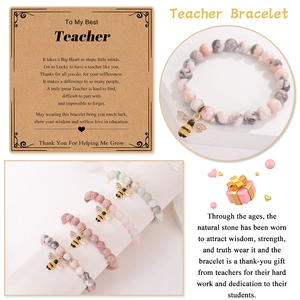 Natural agate stone bracelet with bee charm and teacher appreciation card set