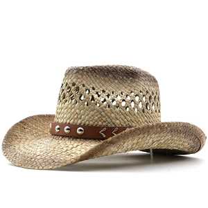Western straw cowboy hat with gradient crown, hollow weave, and studded leather band