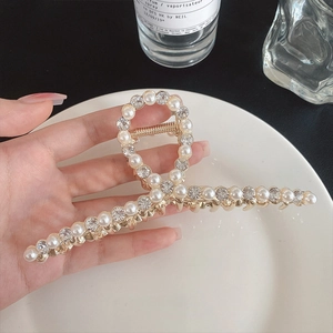 Pince à cheveux en métal doré avec grandes perles et strass pour cheveux épais