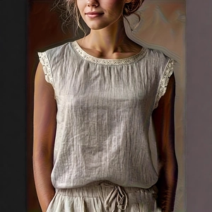 Women's light grey sleeveless cotton linen top with delicate lace trim on neckline