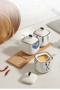 Japanese style hand-painted ceramic spice jar set with wooden tray and spoons