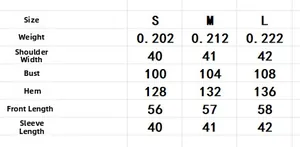 Size chart table showing dimensions for crochet hollow knit top in sizes S to L