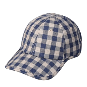 Classic blue and white plaid linen baseball cap with six-panel structure and curved brim