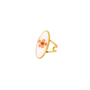 18K gold plated stainless steel open ring featuring a real orange dried flower in resin