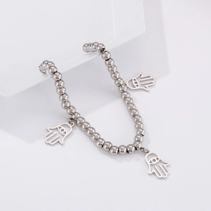 Silver beaded bracelet with triple Hamsa Hand pendants made of polished stainless steel