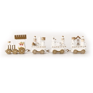 Close-up of white wooden Christmas train with gold details, snowman and bear figurines