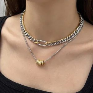 9mm Cuban link chain necklace set with two-tone gold and silver finish for layering