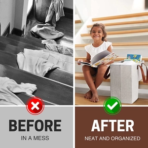 Foldable fabric stair basket with leather handles showing before and after clutter cleanup