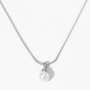 Elegant silver snake chain necklace featuring a polished white pearl pendant for women