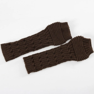 Detailed close-up of dark coffee cable-knit wrist warmers with textured ribbed cuffs