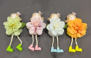 Handmade flower fairy doll ornaments with colorful felt petals and pearl headpieces