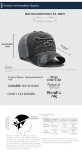 Size guide for vintage cotton baseball cap showing measurements and head circumference tips