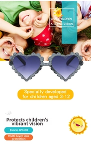 Kids heart sunglasses with scalloped glitter frame, gradient lenses, and UV400 protection