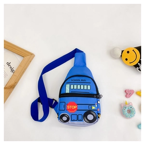 Close-up of school bus cartoon chest bag for kids with playful decorative elements
