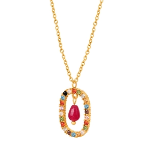 Gold-plated necklace with colorful zircon oval pendant and red pear-shaped stone
