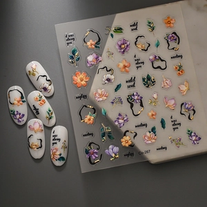 5D floral embossed nail art stickers with gold foil outline and realistic 3D flowers