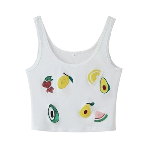White crop top for women with colorful sequin fruit patterns such as lemon and cherry