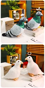 Detailed close-up of soft plush pigeon toys with realistic feathers and CE safety label