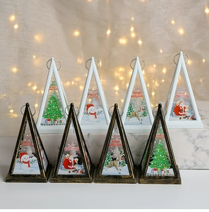 Triangle Christmas lantern with LED candle featuring snowman and reindeer patterns