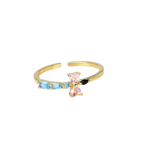 Double layer gold open ring with heart shaped colorful zircon butterfly design for women