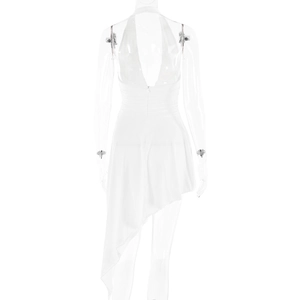 Back view of a white halter neck backless dress with asymmetric mermaid hem design