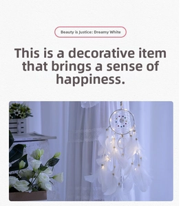 White dream catcher with feathers and LED lights in a cozy indoor home setting