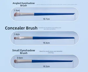 Detailed specs of blue angled eyeshadow, concealer, and small eye brushes with measurements