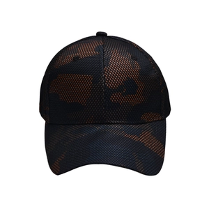 Detail of breathable mesh camouflage tactical baseball cap with orange and blue pattern