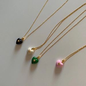 French vintage enamel heart pendant necklace in black white green and pink colors