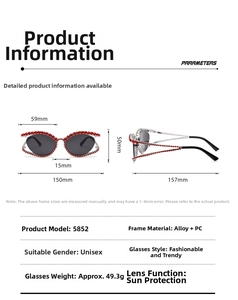Detailed dimensions of Y2K cat eye sunglasses with red rhinestones and oversized frame