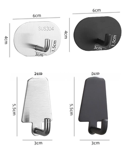 Detailed size comparison of SUS304 stainless steel adhesive hooks in silver and black finish