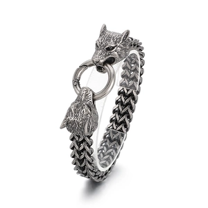 Vintage Viking wolf head bracelet in oxidized steel with thick punk weave chain