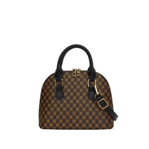Vintage brown monogram dome handbag with black leather handles and gold-tone hardware