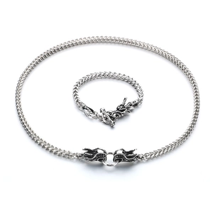 Mens vintage titanium steel dragon head bracelet and necklace set with double row bone chain