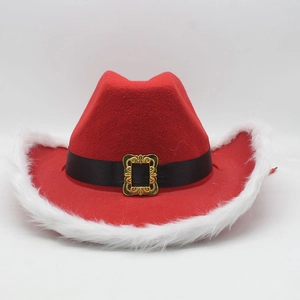 Close-up of red Christmas cowboy hat with white faux fur trim and gold buckle detail