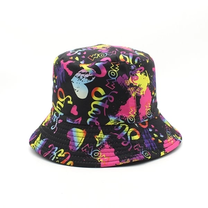 Colorful graffiti bucket hat with rainbow letters and heart prints on black canvas