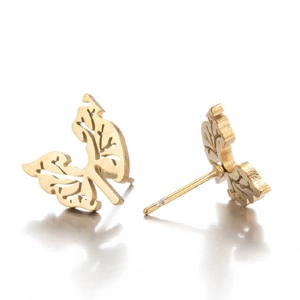 Golden monstera leaf stainless steel stud earrings shown in front and side views