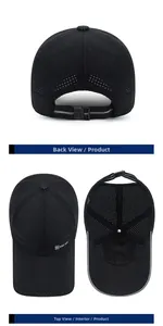 Detailed views of black mesh baseball cap featuring breathable fabric and adjustable strap