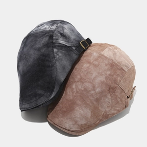British vintage tie-dye cotton flat caps in dark grey and tan colors with metal buckles
