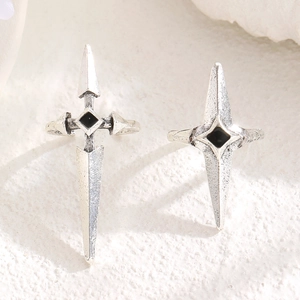 Gothic silver open ring set with black stones and vintage sword cross designs