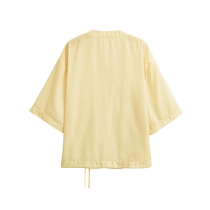 Light yellow striped short sleeve V-neck top with drop shoulders and drawstring hem