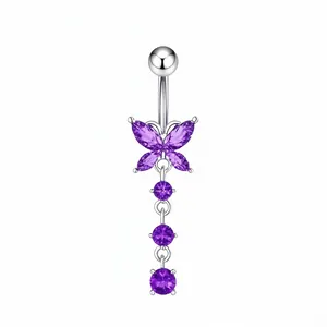 Detail of silver belly ring with purple zircon butterfly and hanging crystal stones