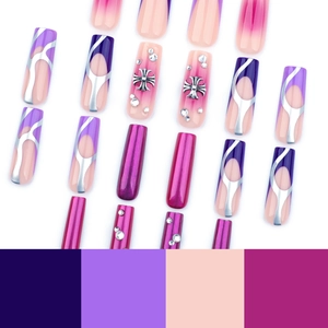 Unghie finte viola francesi con croce cromata argento e strass brillanti set completo