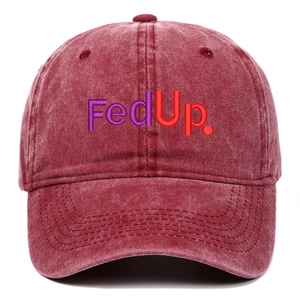 Close-up of FedUp embroidery on burgundy washed cotton baseball cap with vintage finish