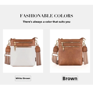 Detail of vintage PU leather crossbody bags with jacquard straps in brown and white