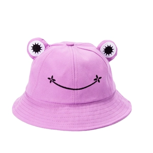 Fashionable purple frog-style cotton bucket hat for kids with cute face embroidery