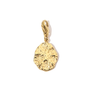 Detail of tree of life pendant in golden finish with textured irregular round design