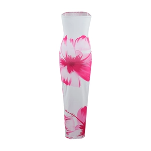 Detailed close-up of white tube maxi dress with pink floral hibiscus print for summer